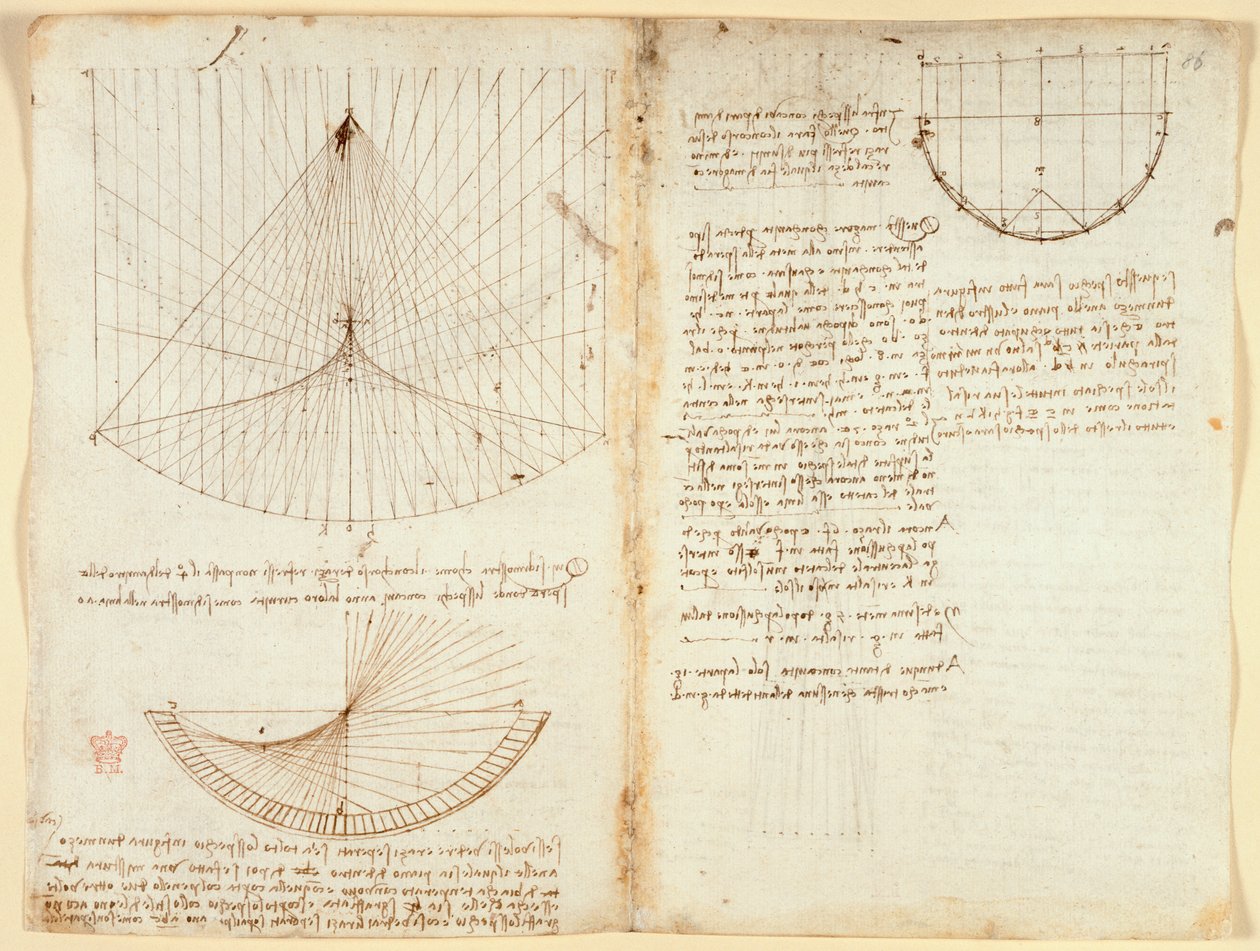 Arundel 263 f.87v, f.86 Notas e diagrama sobre óptica, sobre os cáusticos da reflexão, c.1503-5 (caneta e tinta sobre papel) de Leonardo da Vinci