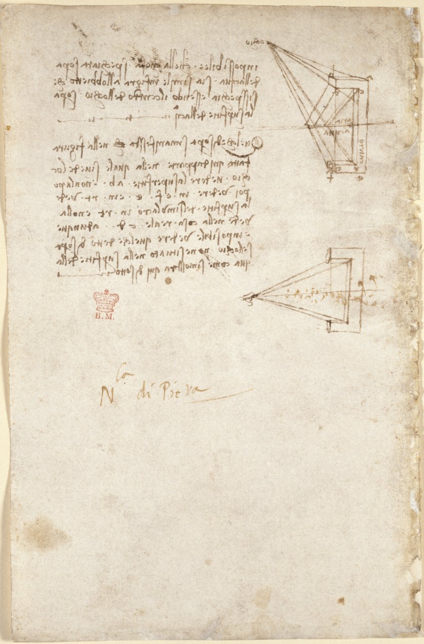 Arundel 263, f.93v Notas e esboço esquemático em óptica; nota 