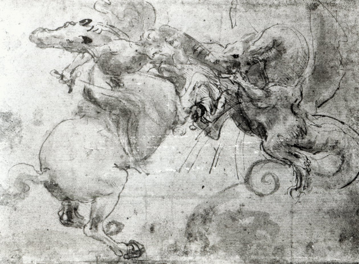Batalha entre um Cavaleiro e um Dragão, c.1482 (caneta estilizada, caneta e pincel no papel) de Leonardo da Vinci