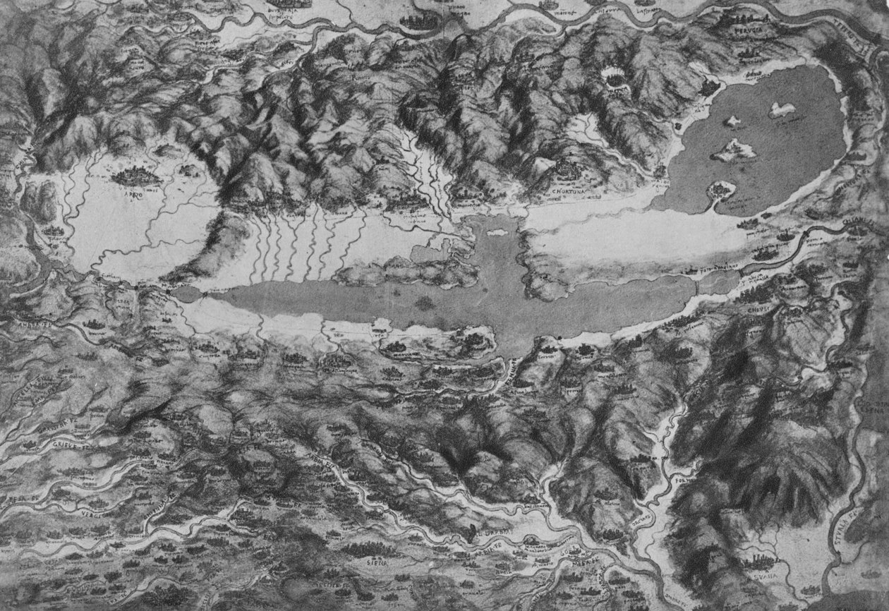 Vista aérea mostrando Arezzo, Borgho San Sepolco, Perugia, Chiusi e Siena, c1480 1945 de Leonardo da Vinci