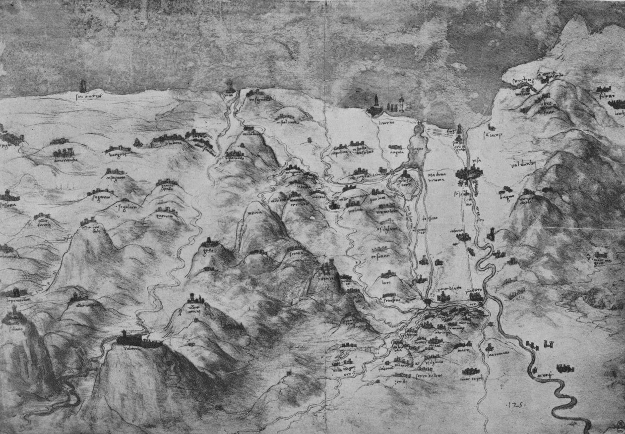 Vista panorâmica de parte da Toscana, c1480 1945 de Leonardo da Vinci