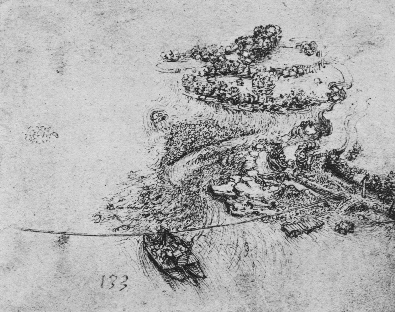 Vista panorâmica de um rio com uma balsa de corda, c1480 1945 de Leonardo da Vinci