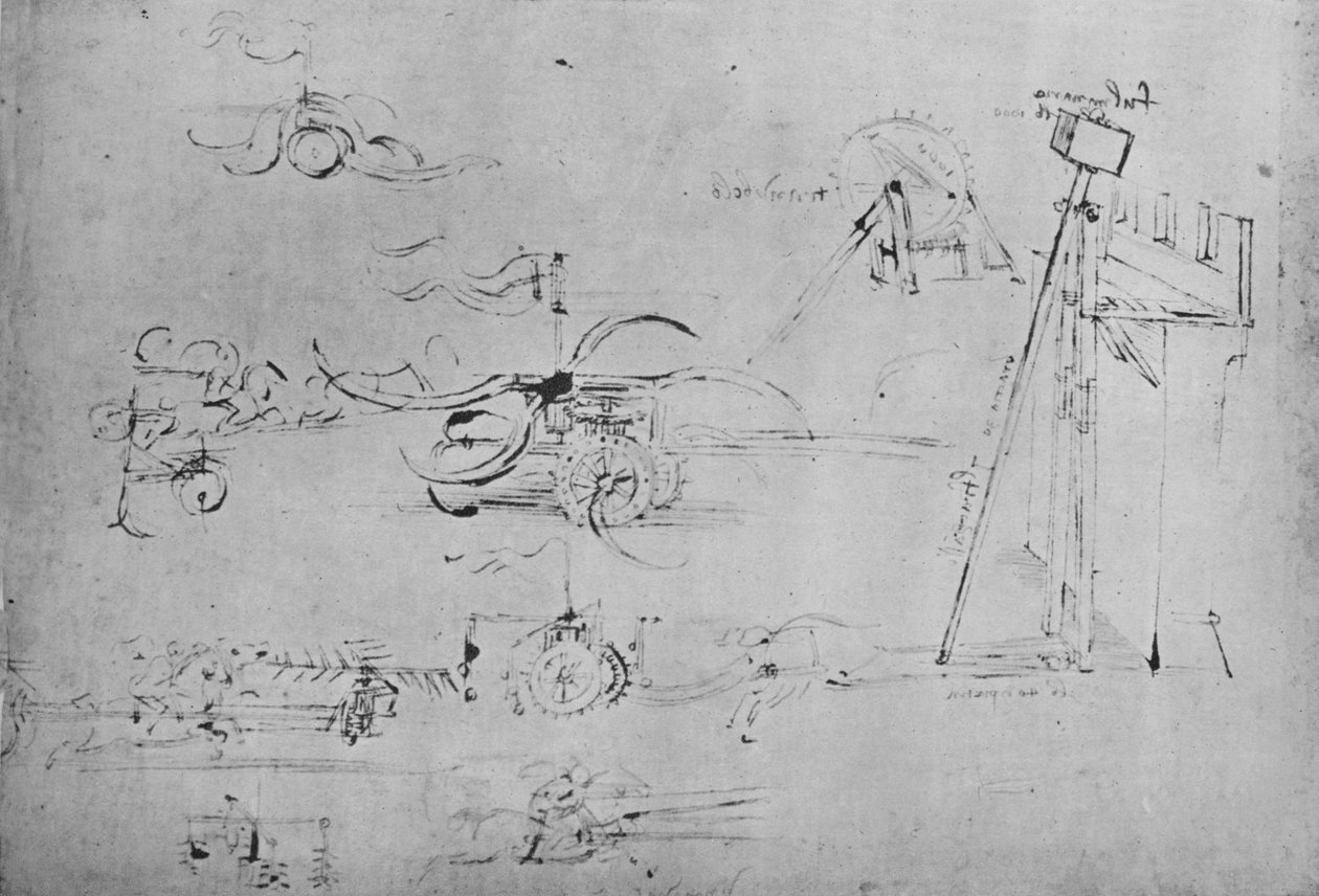 Carruagens armadas com foices e mangais e cavaleiro com três lanças, c1480, 1945 de Leonardo da Vinci