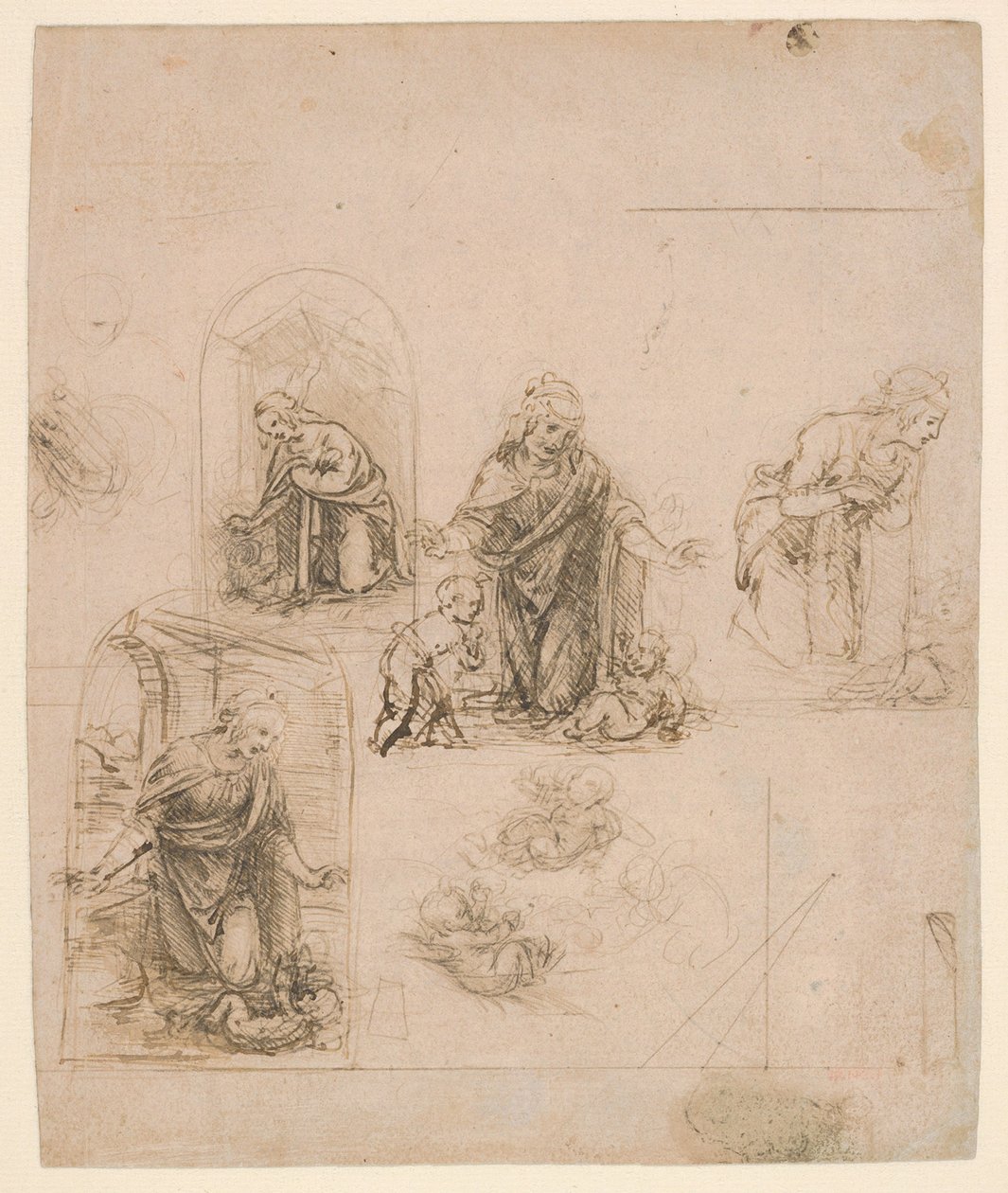 Esboços composicionais para a Virgem Adoradora do Menino Jesus, 1480-85 (silverpoint) de Leonardo da Vinci