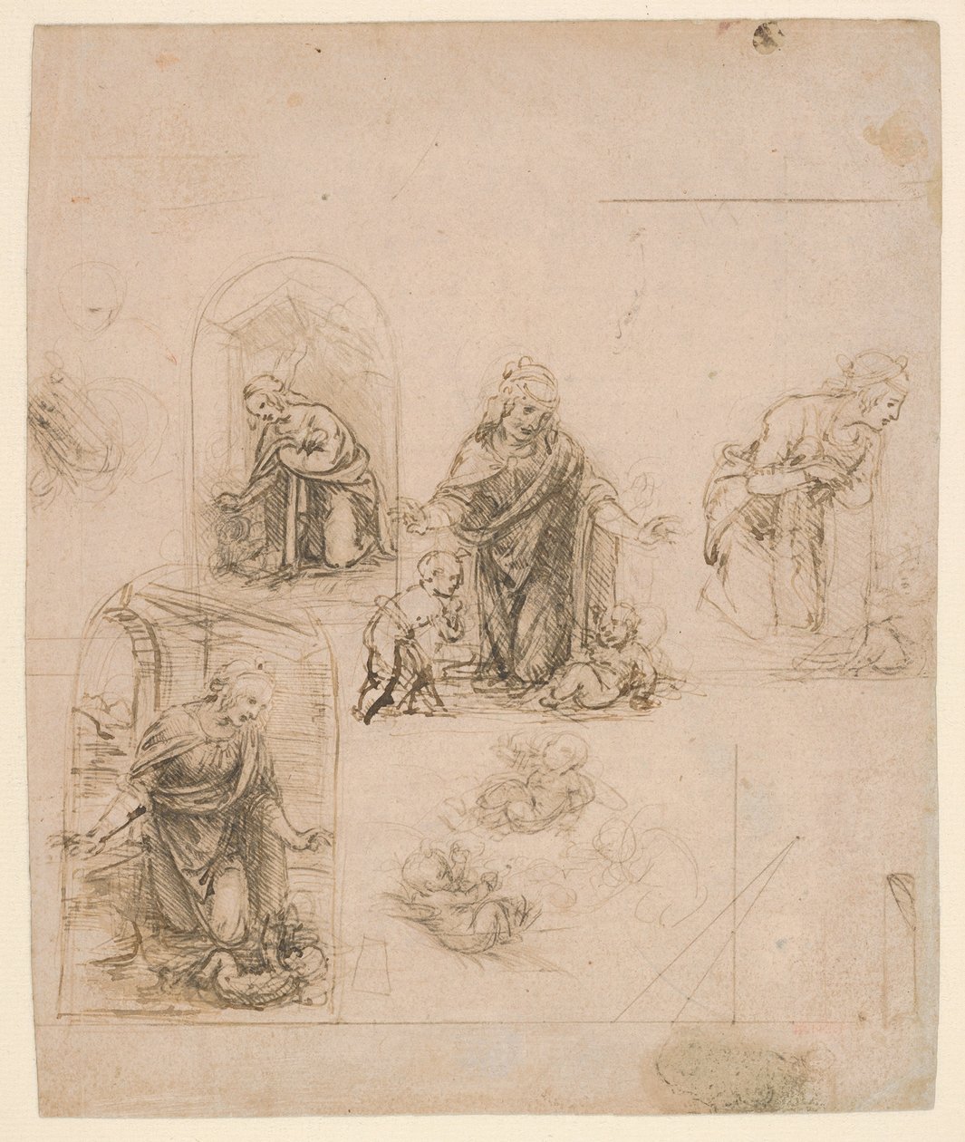 Esboços de composição para a Virgem adorando o Menino Jesus, com e sem o pequeno São João Batista; diagrama de uma projeção em perspetiva (recto); leves rabiscos (verso) de Leonardo da Vinci