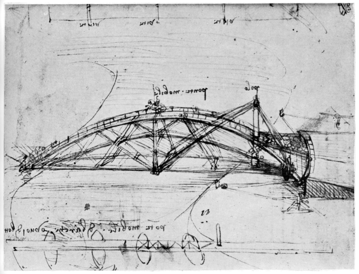 Projeto para uma ponte de balanço parabólica, 1480-1490 1954. de Leonardo da Vinci