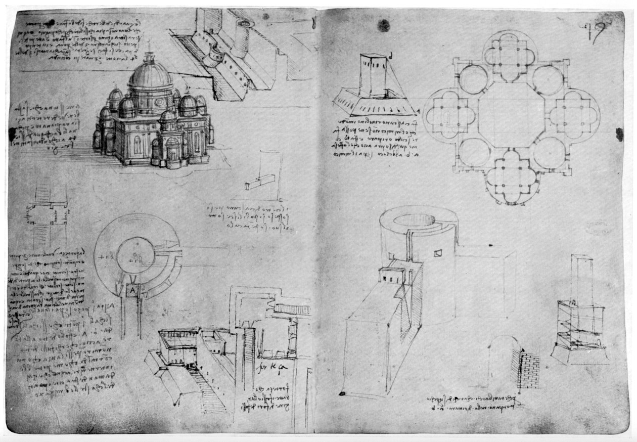 Projetos para um edifício centralizado, final do século XV ou início do século XVI, 1954. de Leonardo da Vinci