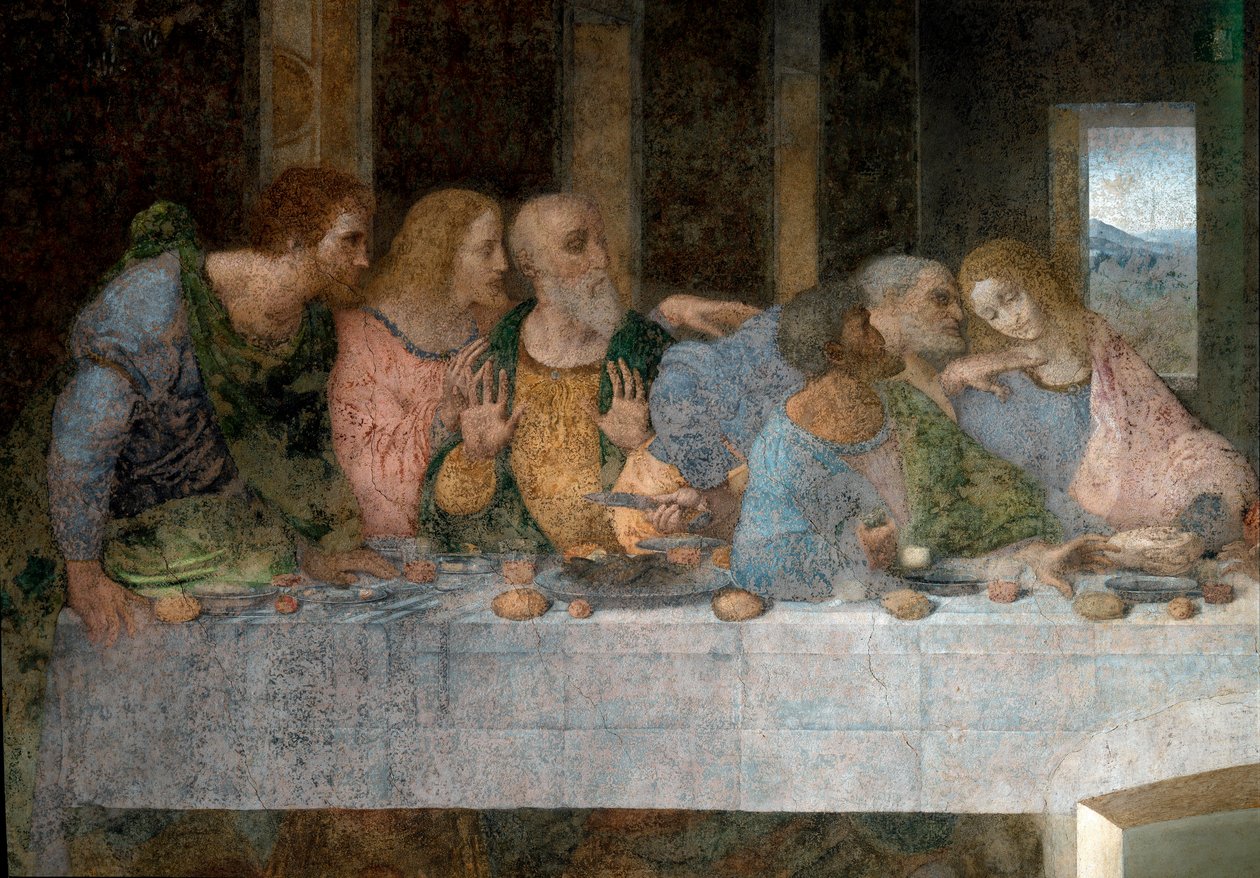 Detalhe de La Cene (Il Cenacolo (Ultima Cena)) representando da esquerda para a direita o apóstolo São Bartolomeu, Tiago, filho de Alfe, André, Judas, Pedro e João. 1495 - 1498. Fresco de Leonardo da Vinci (Leonardo da Vinci). Refeitório de Santa Maria del de Leonardo da Vinci