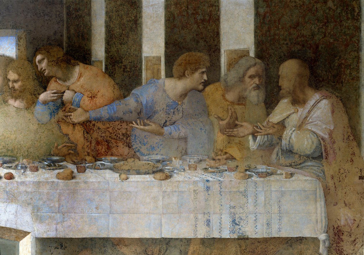 Detalhe de La Cene (Il Cenacolo (Ultima Cena)) representando da esquerda para a direita os Apoles Thomas, James o Major, Philip, Matthew, Judas o Tadeu e Simão o Zelote. 1495 - 1498. Fresco de Leonardo da Vinci (Leonardo da Vinci). Refeitório de Santa Mari de Leonardo da Vinci