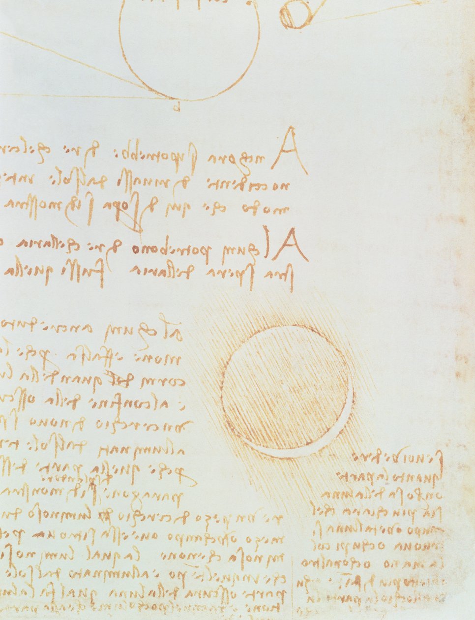 Detalhe de fol. 2r, do Codex Leicester, mostrando a luminosidade externa da lua de Leonardo da Vinci