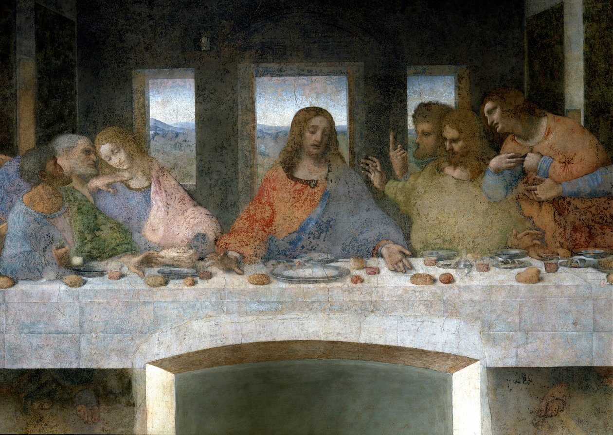 Detalhe do Cene (Il Cenacolo (Ultima Cena)) representando à esquerda os Apoles Judas, Pedro e João, Cristo no centro e os Apoles Tomás, Tiago o Major e Filipe. A letra V entre João e Cristo referir-se-ia ao cálice do Graal ou th de Leonardo da Vinci