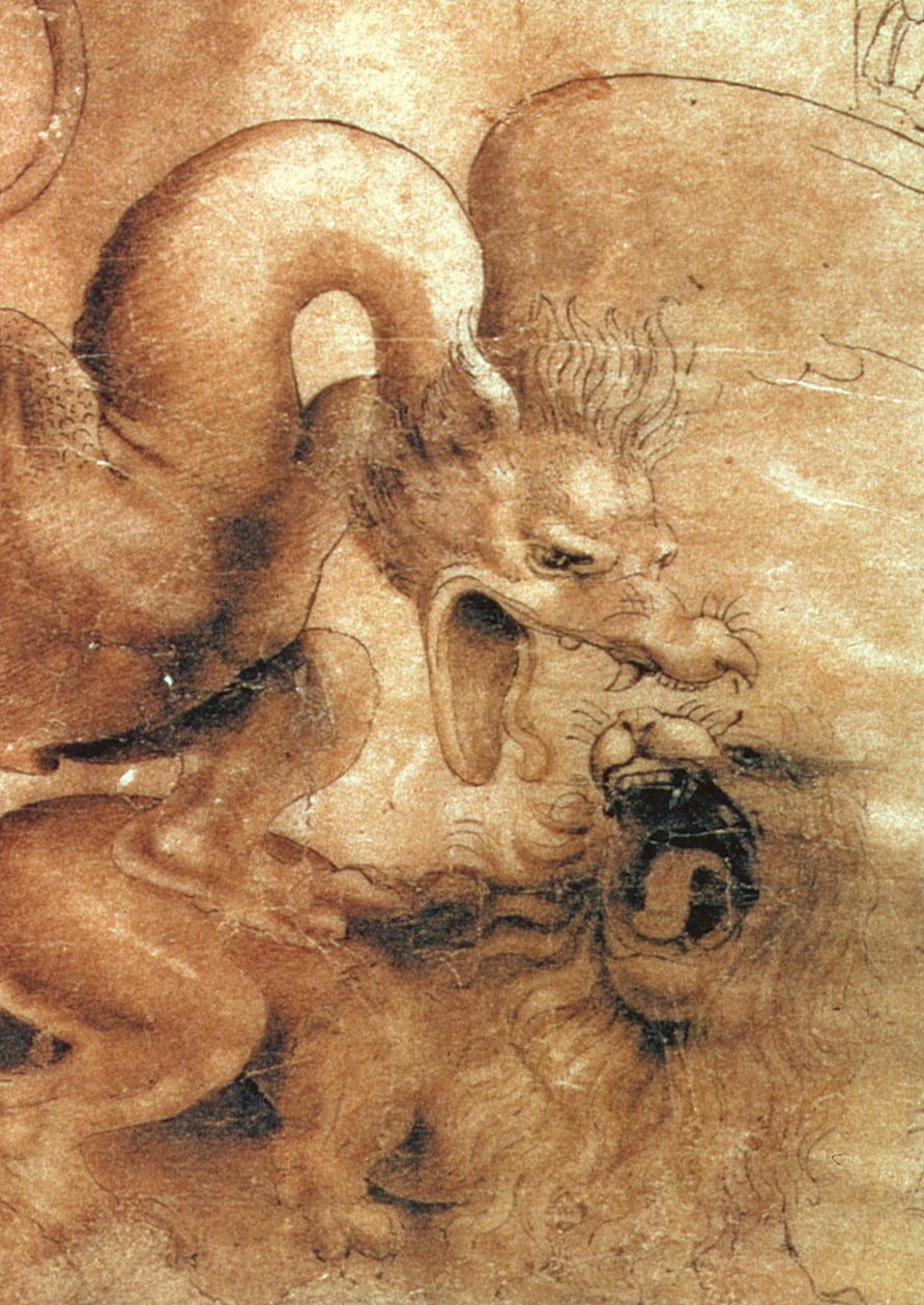 Detalhe do Dragão do desenho Lute entre um Dragão e uma tinta marrom Leão com tinta no papel de Leonardo da Vinci