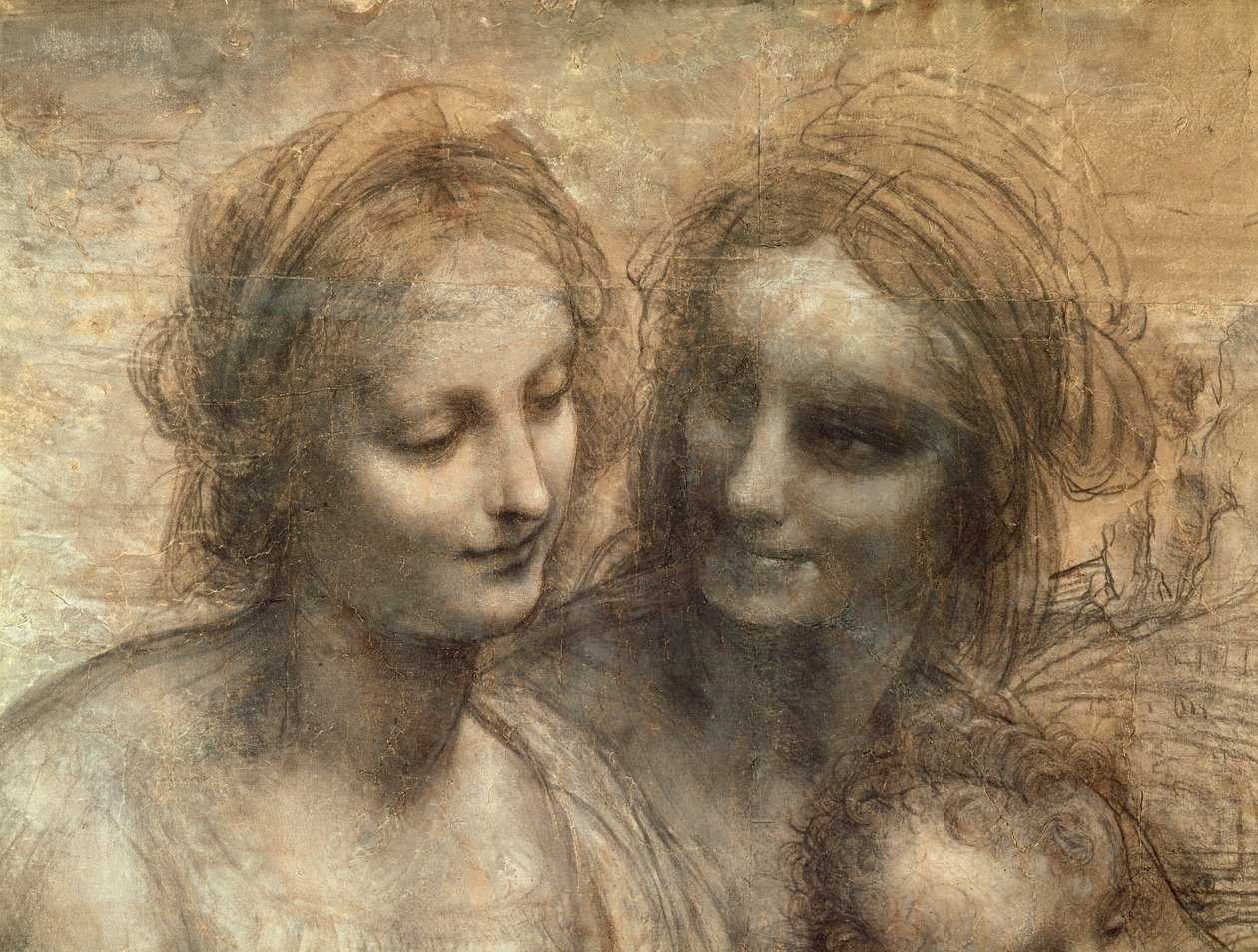 Detalhe das cabeças da Virgem e Santa Ana, da Virgem e da Criança com SS. Ana e João Batista, c.1499 (carvão e giz branco sobre papel, montado sobre tela) de Leonardo da Vinci