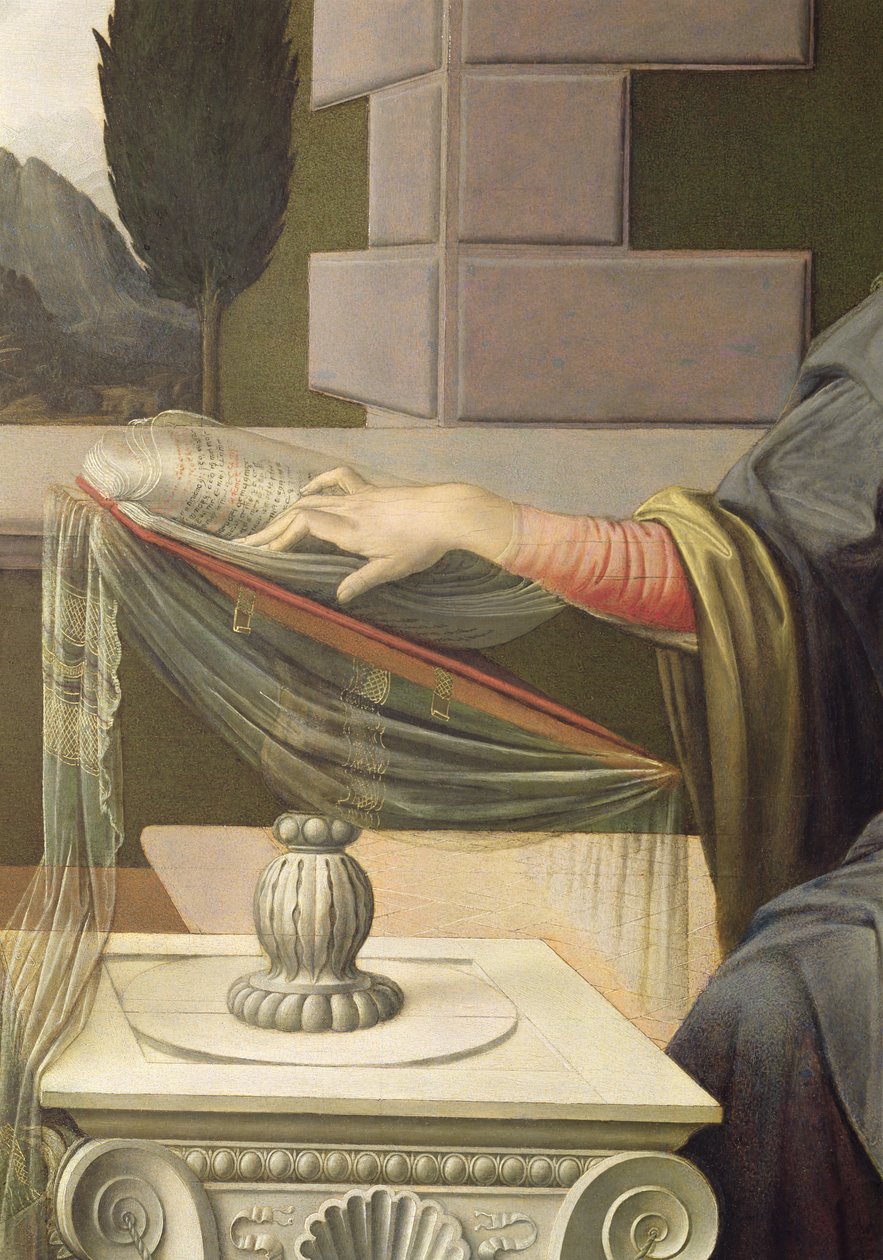 Detalhe da Virgem Maria, da Anunciação, 1472-75 óleo na restauração pós-painel de Leonardo da Vinci