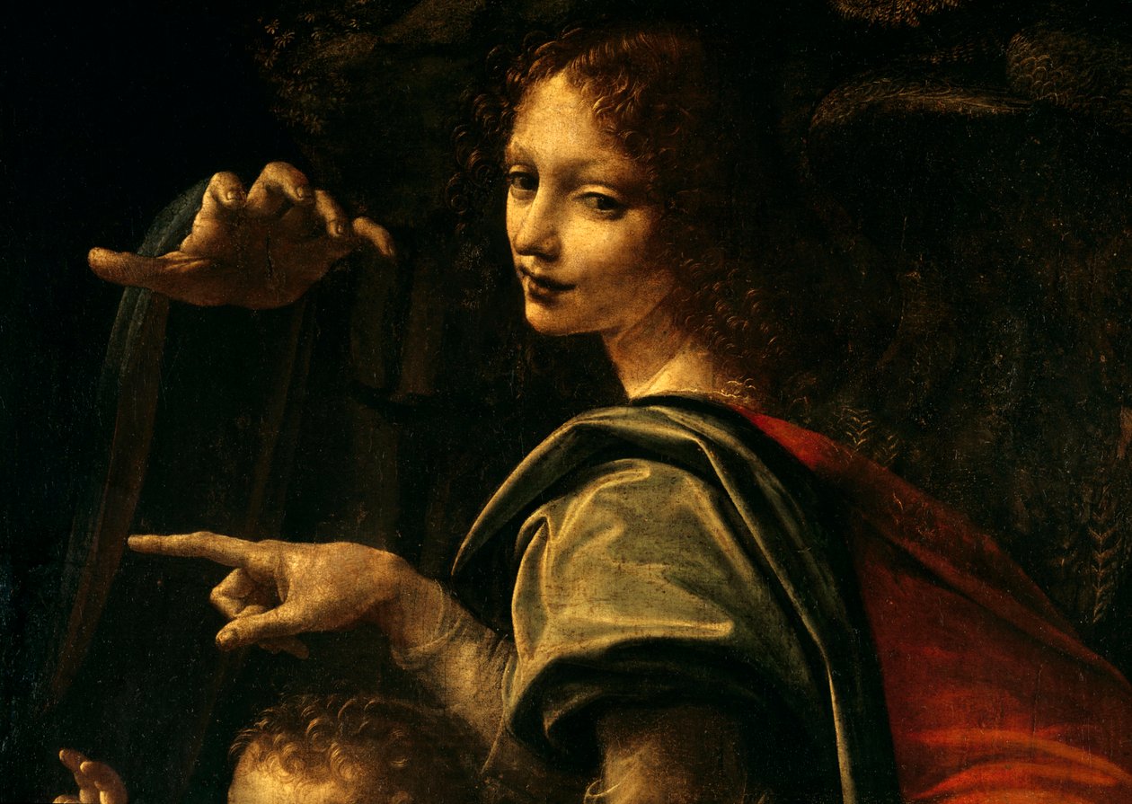 Detalhe da Virgem com Rochas, São João Batista apontando o dedo e a mão da Virgem Maria de Leonardo da Vinci