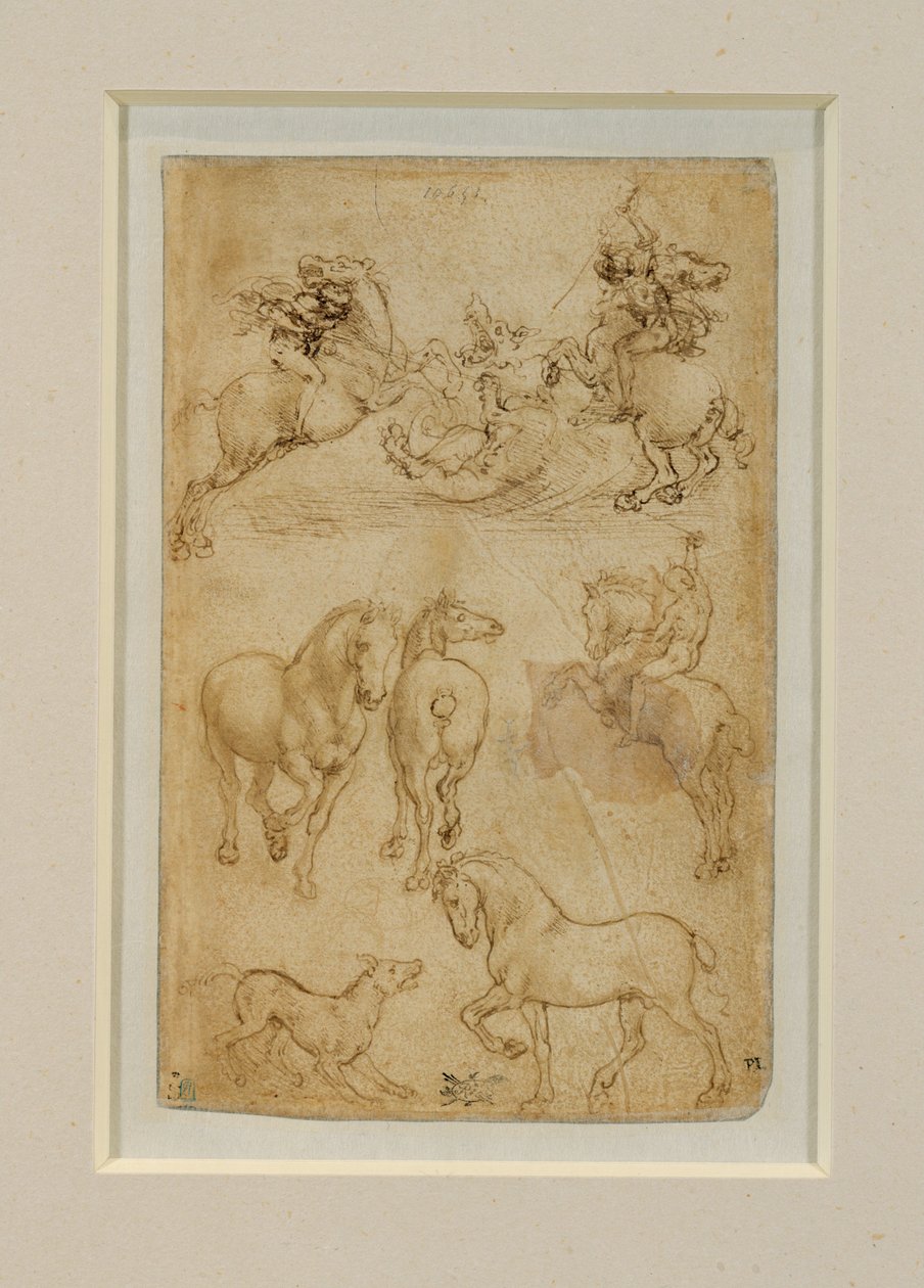 Dois cavaleiros a lutar contra um dragão; um cavaleiro e dois cavalos; um cão e um cavalo ... de Leonardo da Vinci
