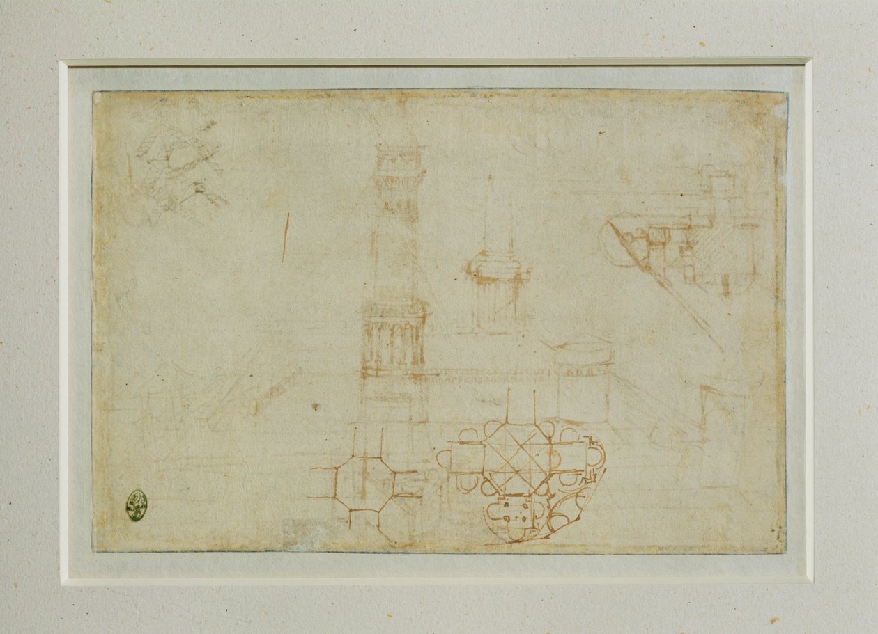 Dois estudos de um edifício com uma planta central ... de Leonardo da Vinci