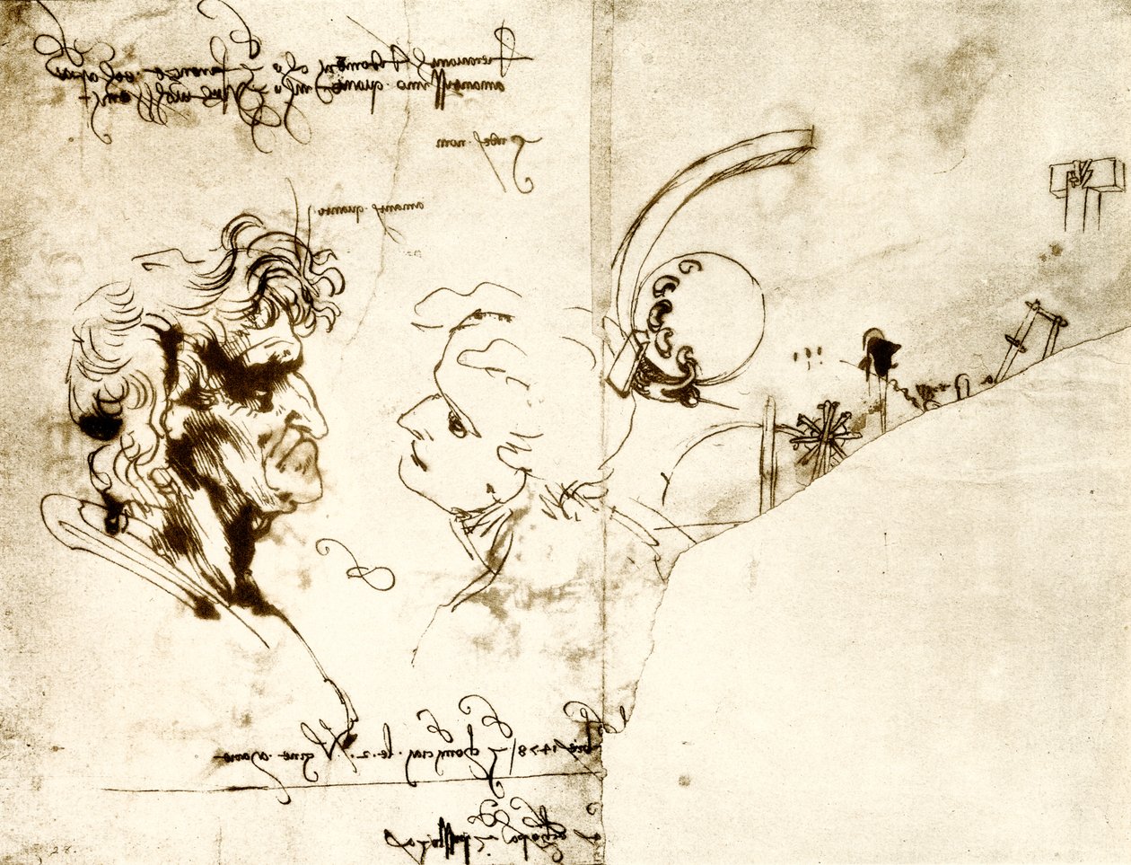 Rascunhos de duas cabeças masculinas de Leonardo da Vinci
