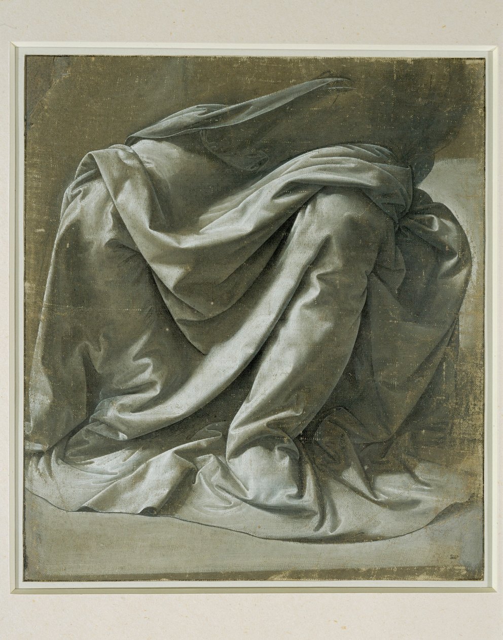 Cortinas para uma figura sentada, têmpera a pincel e cinzenta, reflexos brancos sobre tela de linho preparada em cinzento ... de Leonardo da Vinci