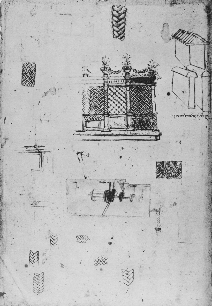 Desenho de uma tela decorativa e outros esboços, c1480 1945 de Leonardo da Vinci