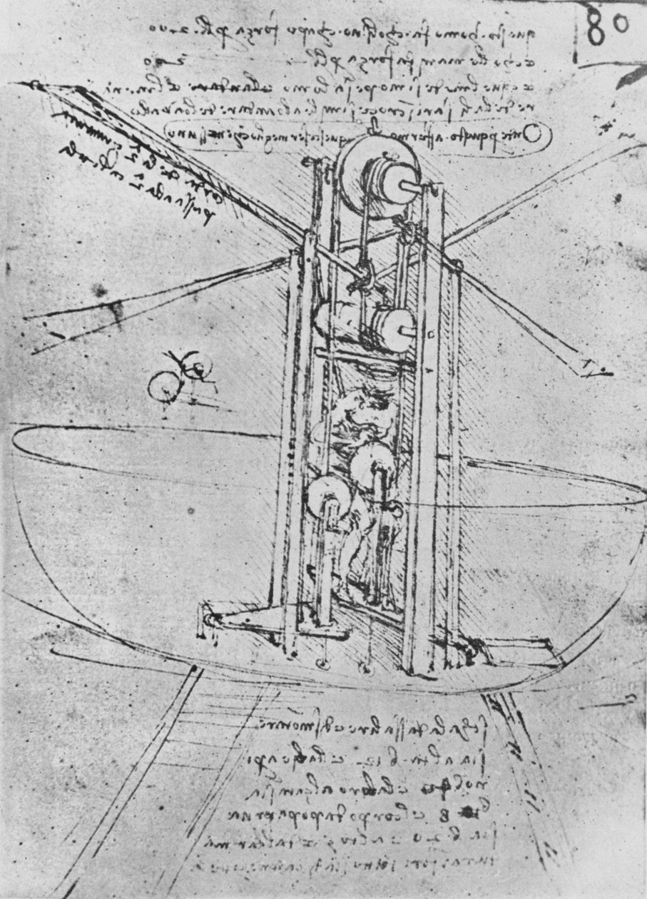 Desenho de uma máquina voadora com um homem operando, c1480 1945 de Leonardo da Vinci