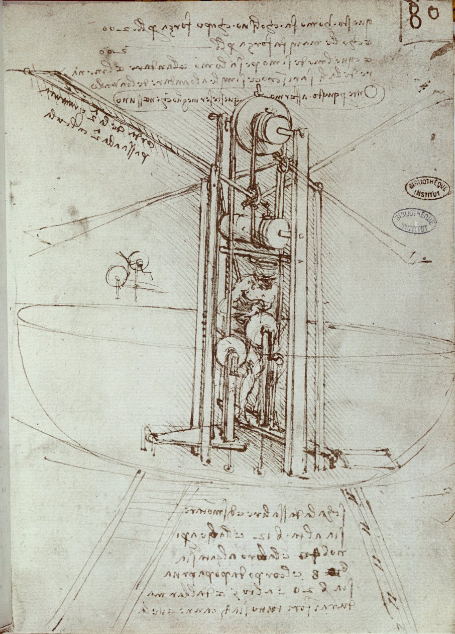 Desenho de máquina de propulsão voadora. Manuscrito por Leonard De Vinci (Leonardo da Vinci de Leonardo da Vinci
