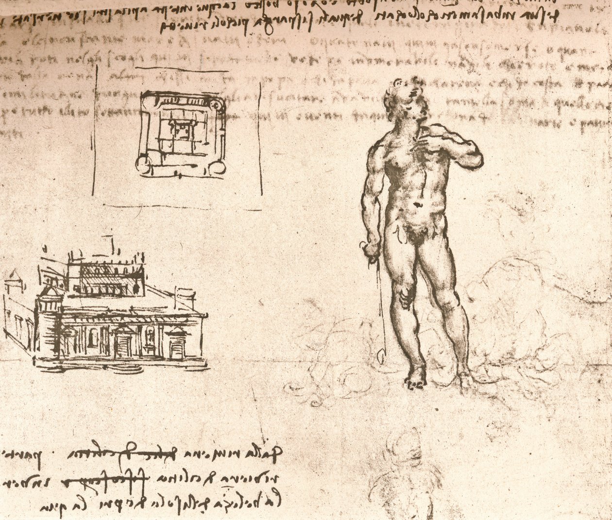 Desenho dos planos de um castelo e de uma figura nua, lavada com tinta indiana, c1472-c1519 1883 de Leonardo da Vinci