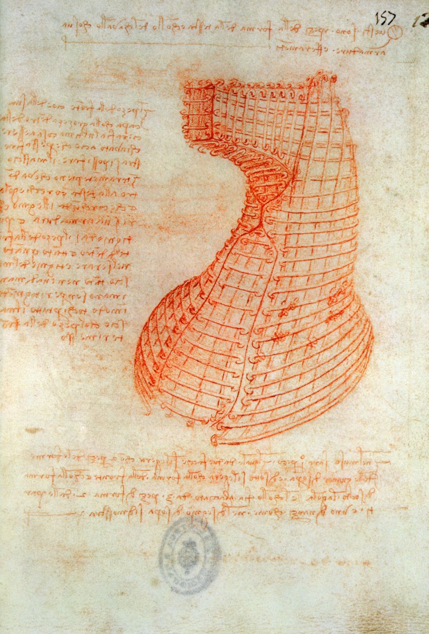 Desenho do molde de fundição de ferro para a cabeça do cavalo Sforza, Fol. 57 (reto), do Codex Madrid I, c.1491-93 (caneta e tinta marrom sobre papel) de Leonardo da Vinci