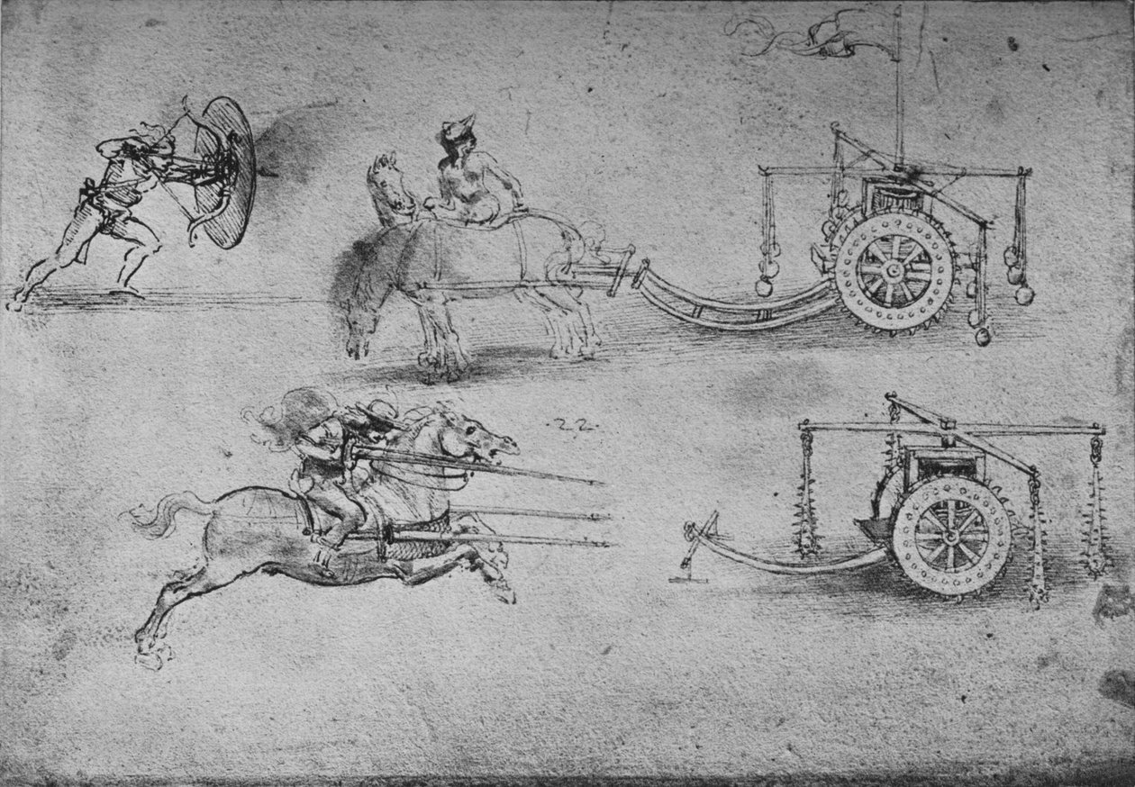 Desenhos de Carruagens Armadas com Mangueiras, de um Arqueiro com Escudo, c1480, 1945 de Leonardo da Vinci