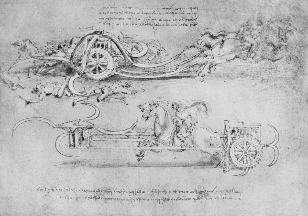 Desenhos de dois tipos de carros armados com foices, c1480 1945 de Leonardo da Vinci