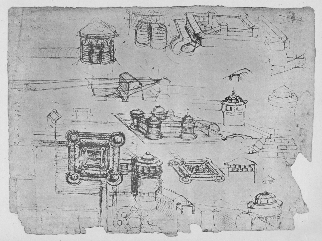 Desenhos de um castelo quadrado, c1480 1945 de Leonardo da Vinci