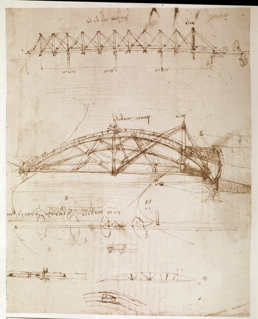 Extrato de um manuscrito de Da Vinci que descreve a construção de uma "ponte giratória" (manuscrito) de Leonardo da Vinci