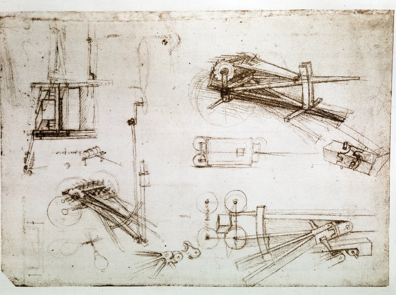Extrato de um manuscrito de Da Vinci que descreve a construção da "Carruagem para um Canhão" (manuscrito) de Leonardo da Vinci