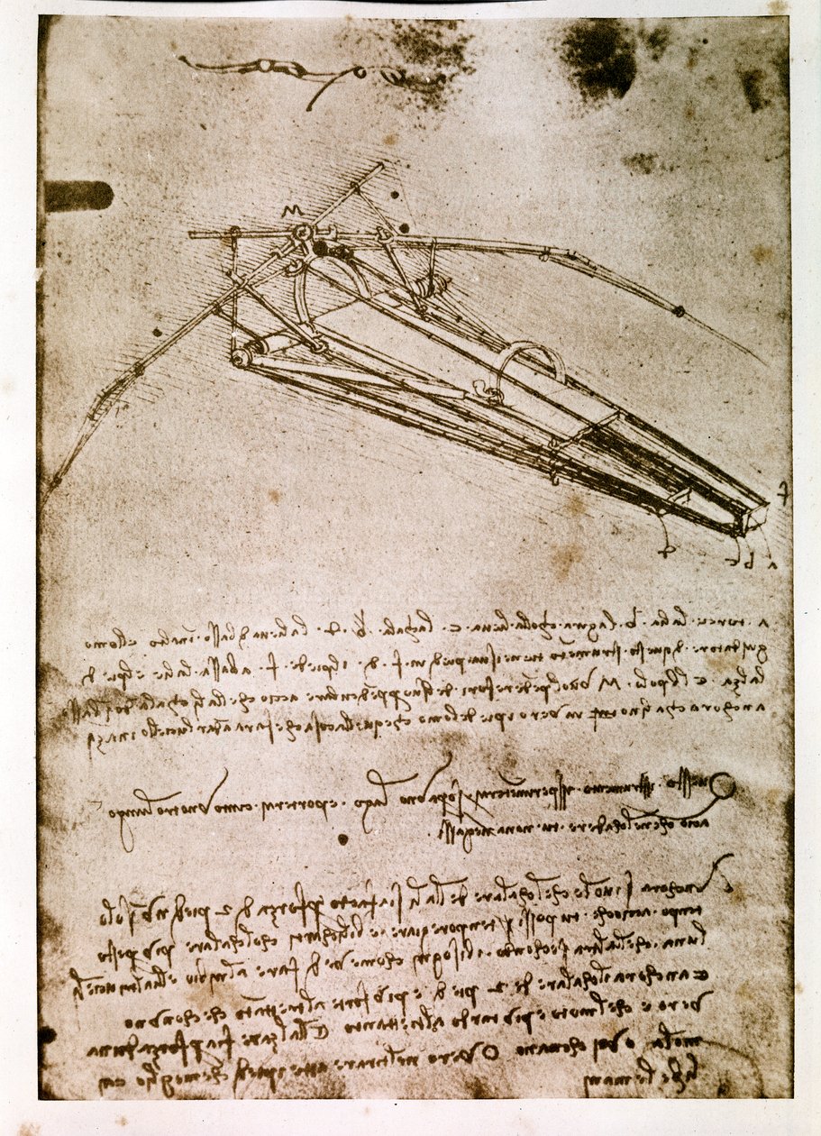 Extrato de um manuscrito de Da Vinci que descreve o princípio e a construção de uma "Máquina Voadora" (manuscrito) de Leonardo da Vinci