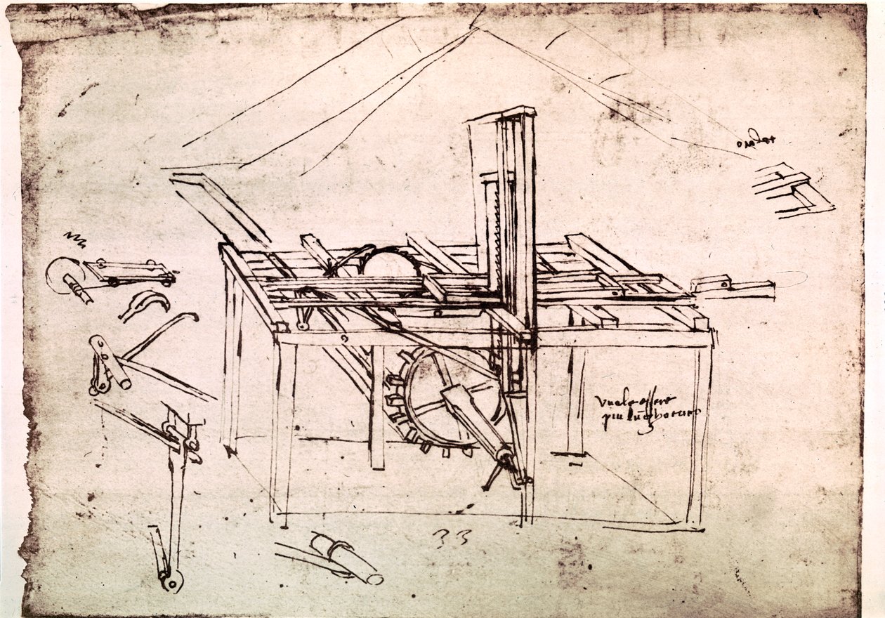 Extrato de um manuscrito de Da Vinci que descreve o princípio e a construção de uma "serra hidráulica com encaminhamento automático" (manuscrito) de Leonardo da Vinci