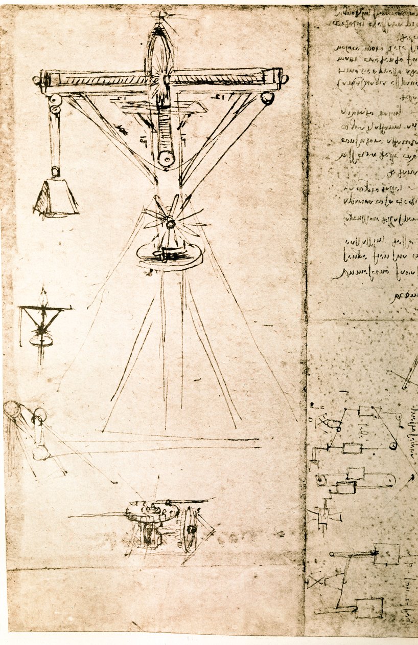 Extrato de um manuscrito de Da Vinci que descreve o princípio e a construção de uma "Grua" (manuscrito) de Leonardo da Vinci