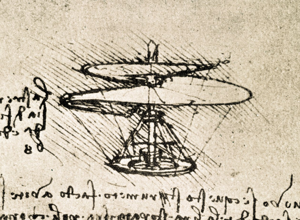Extrato de um manuscrito de Da Vinci que descreve o princípio e a construção do "Parafuso Aéreo (Helicóptero)" (manuscrito) de Leonardo da Vinci