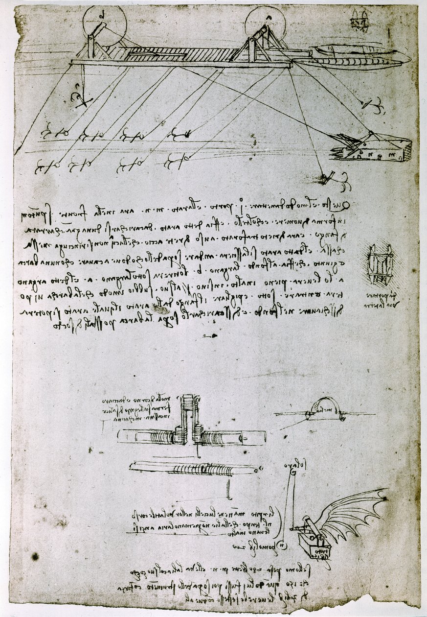 Extrato de um manuscrito de Da Vinci que descreve o princípio e a construção de uma "draga marítima" (manuscrito) de Leonardo da Vinci