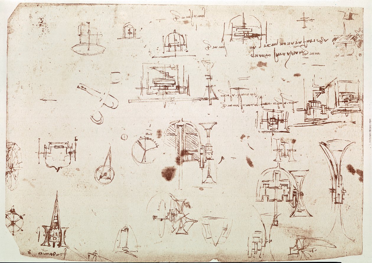 Extrato de um manuscrito de Da Vinci que descreve o princípio e a construção de um "Barco com Propulsão por Meio de Rodas" (manuscrito) de Leonardo da Vinci
