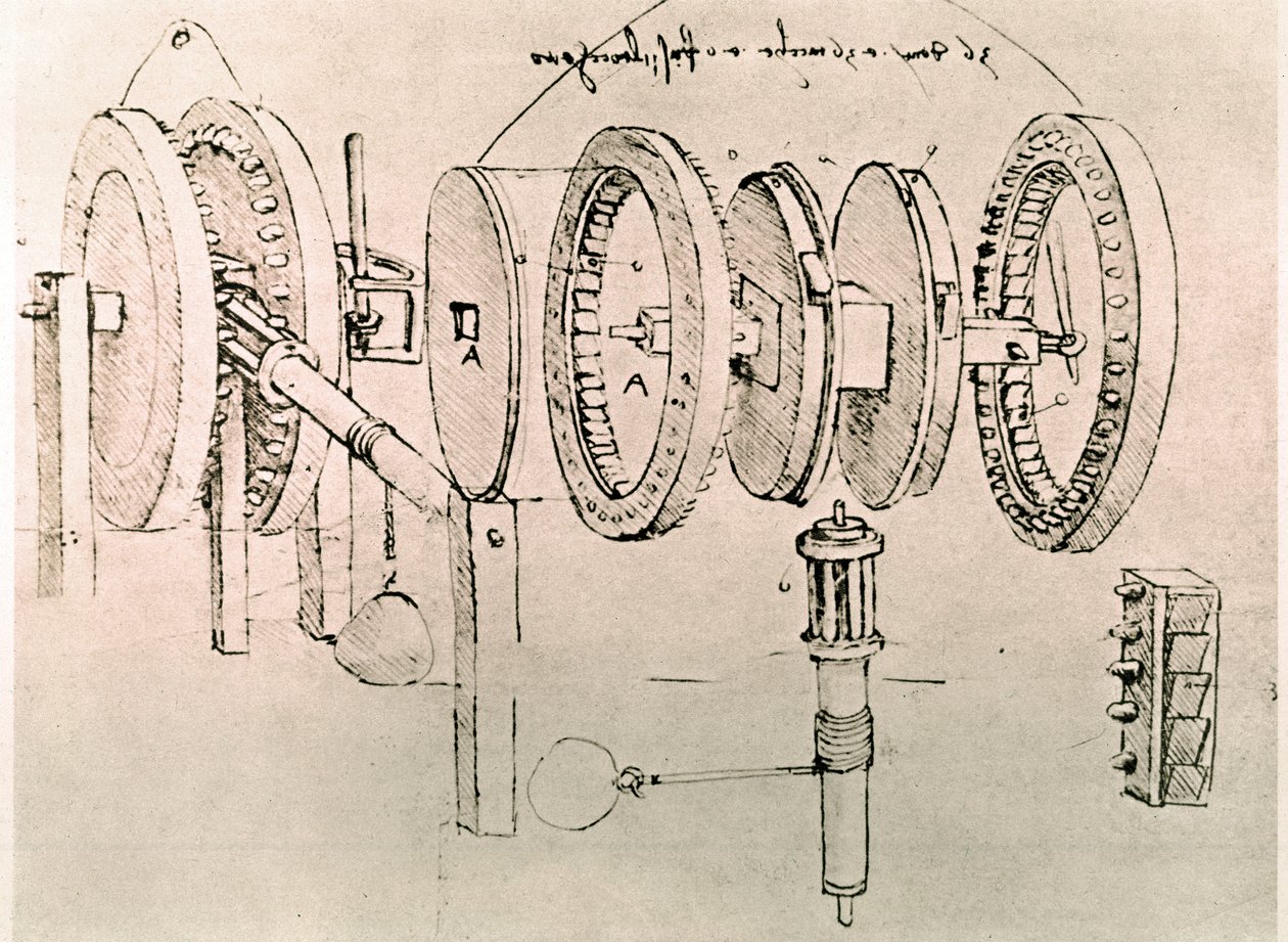Extrato de um manuscrito de Da Vinci que descreve o princípio e a construção da "Transformação do movimento alternado em movimento contínuo" (manuscrito) de Leonardo da Vinci