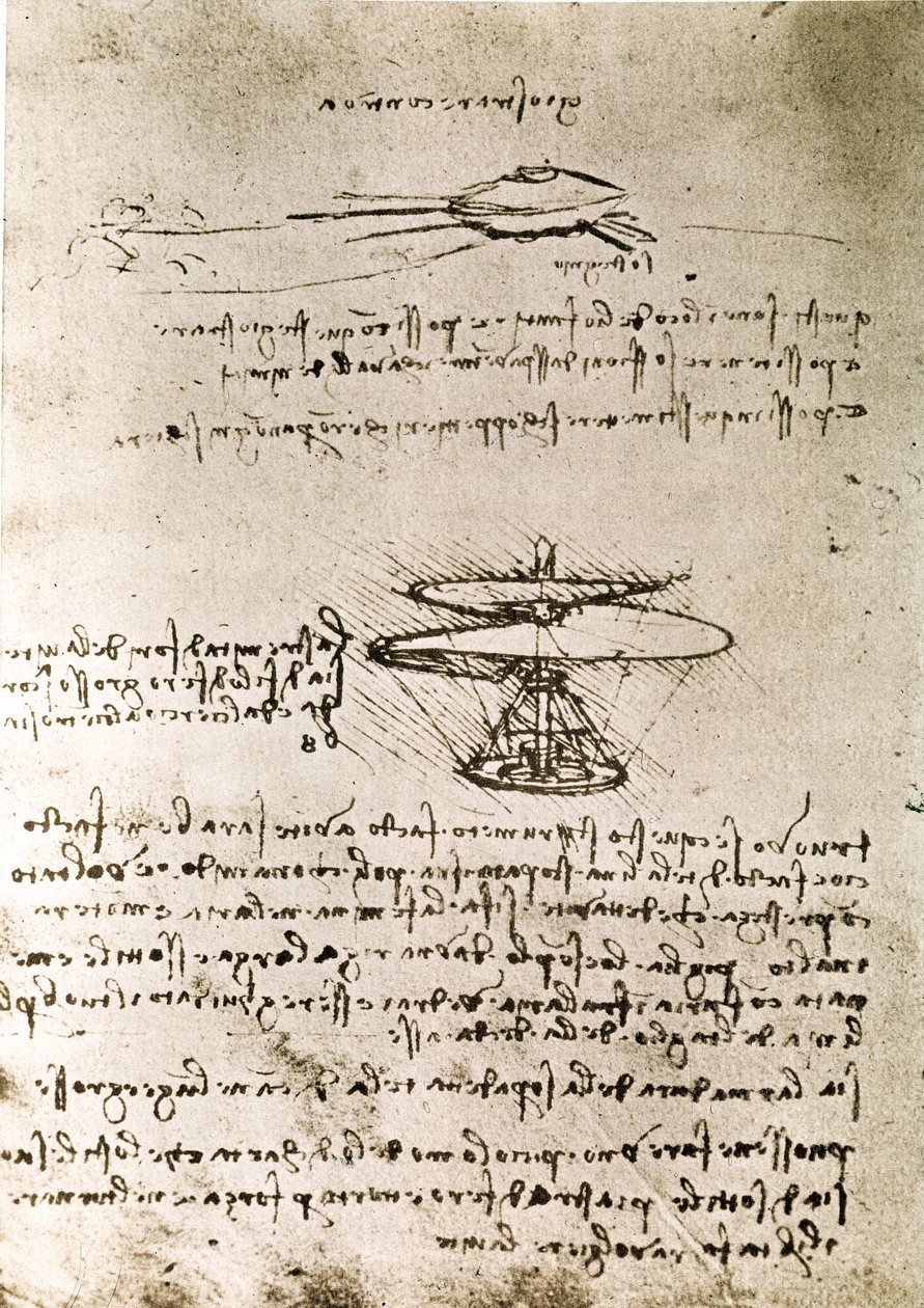 Extrato de um manuscrito de Da Vinci que descreve o princípio e a construção do "Parafuso Aéreo (Helicóptero)" (manuscrito) de Leonardo da Vinci