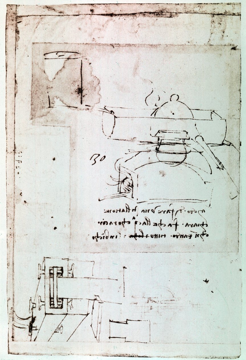 Extrato de um manuscrito de Da Vinci que descreve o princípio e a construção de um "Destilador com Refrigeração Contínua" (manuscrito) de Leonardo da Vinci
