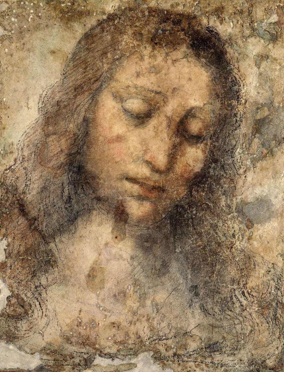 Rosto de Jesus Cristo, pela escola Leonardo, cópia da Última Ceia de Leonardo da Vinci (1452-1519) de Leonardo da Vinci