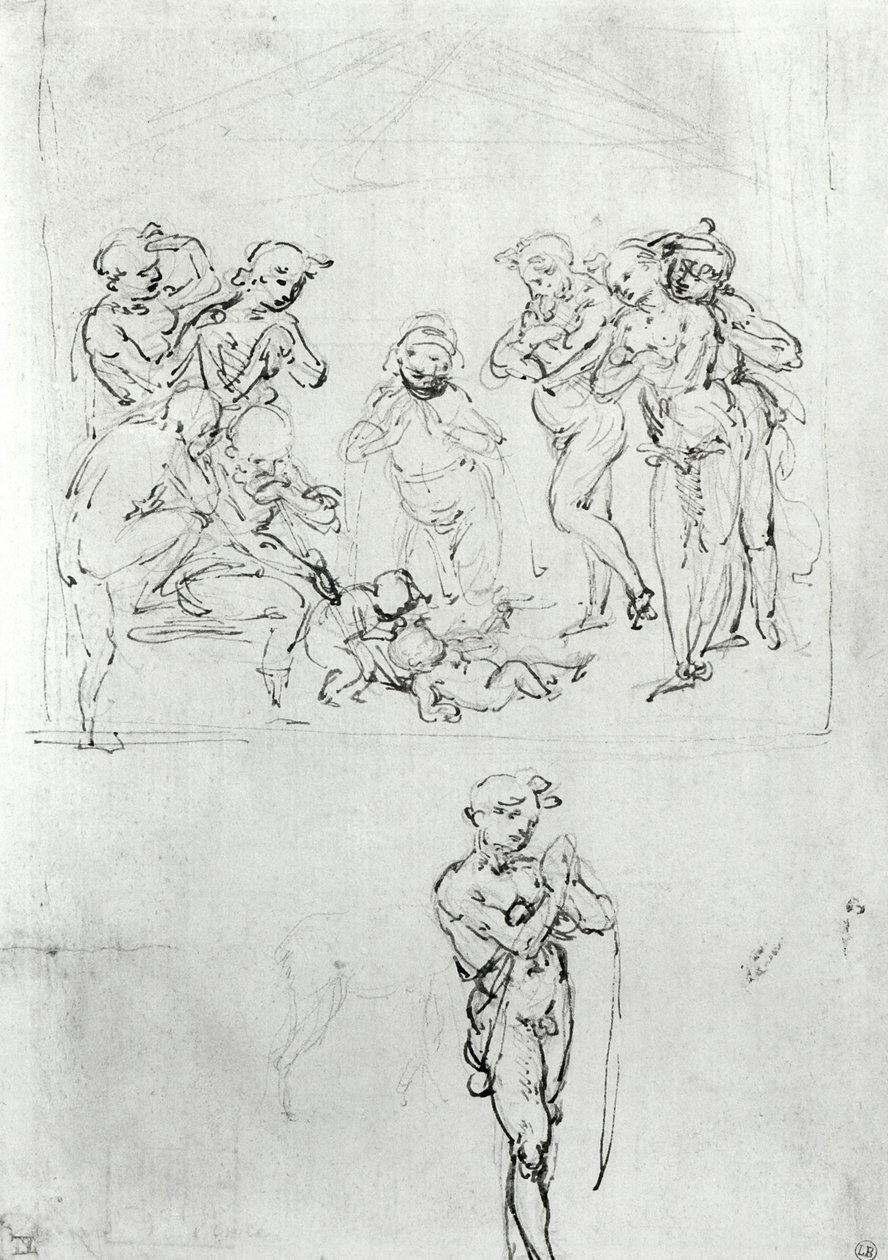 Estudos Figural para a Adoração dos Magos, c.1481 (caneta e tinta e metalpoint no papel) de Leonardo da Vinci