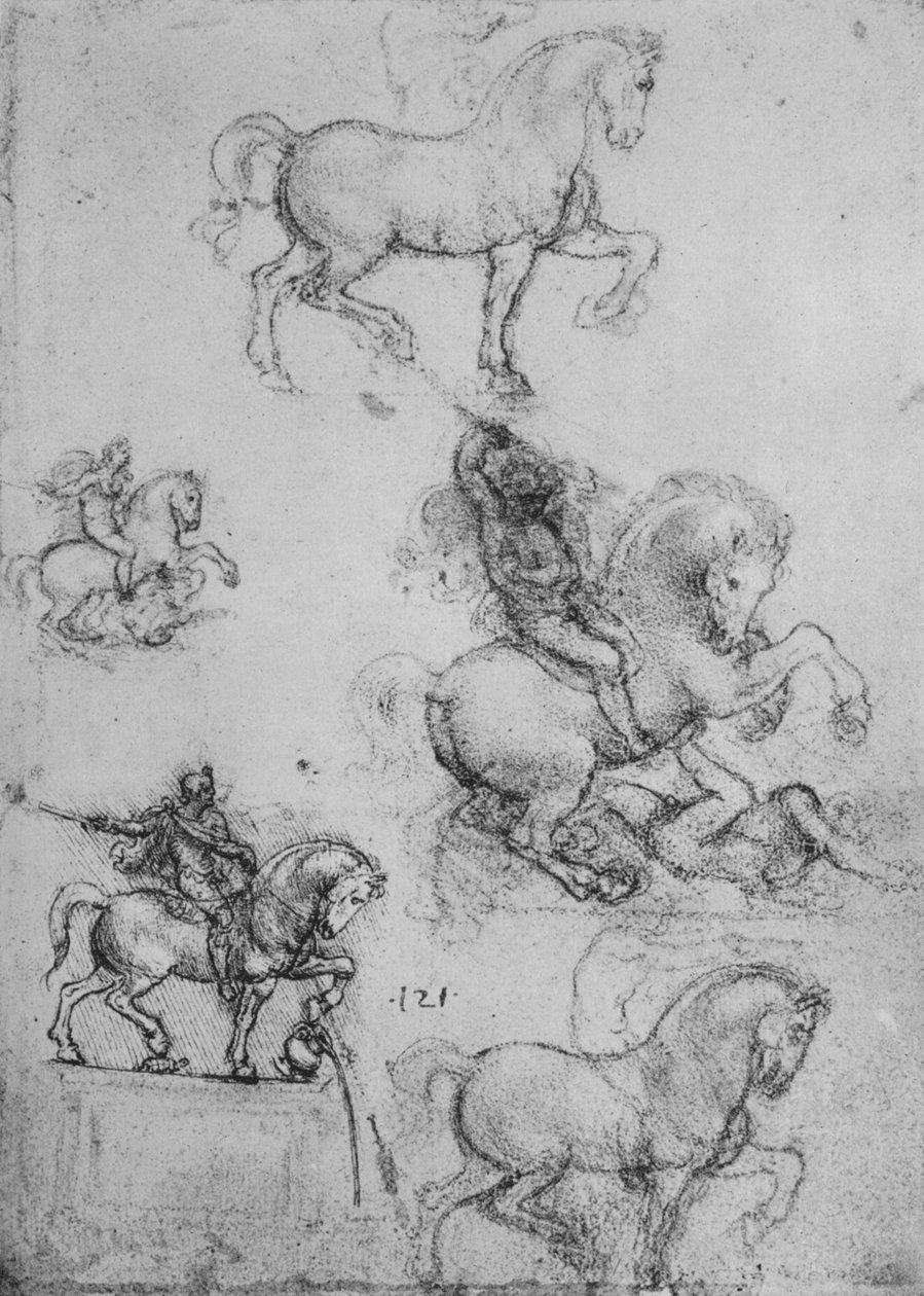 Cinco estudos sobre cavalos e cavaleiros, c1480 1945 de Leonardo da Vinci
