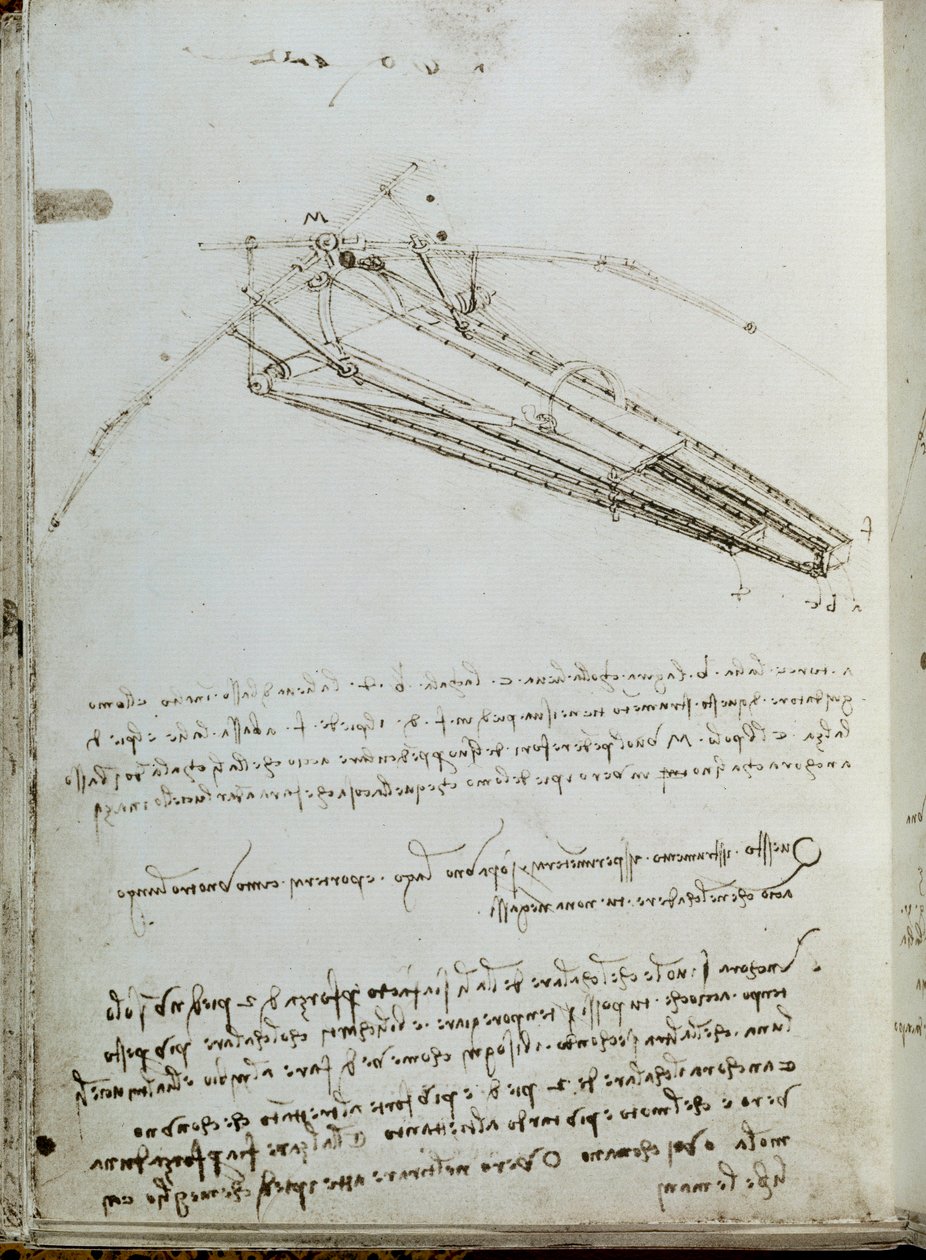 Desenho da máquina voadora. Manuscrito de Leonard De Vinci (Leonardo da Vinci de Leonardo da Vinci