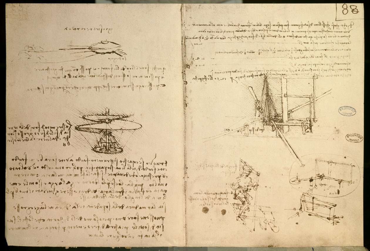 Máquinas voadoras, um dos primeiros desenhos de uma máquina voadora semelhante a um helicóptero, c. 1487 de Leonardo da Vinci