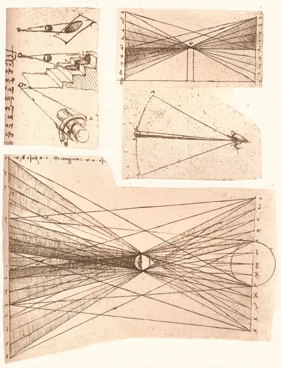 Quatro diagramas ilustrando a teoria da luz e da sombra, c1472-c1519 1883. de Leonardo da Vinci