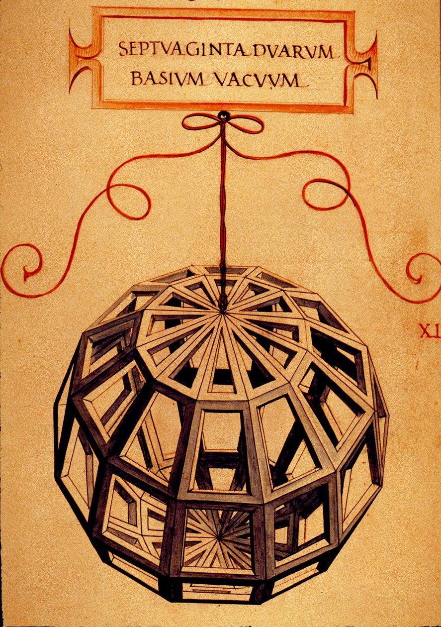 Geometria: Página "A Polyhedron" retirada do manuscrito "De divina proportione" (Sobre proporções divinas) do matemático Fra Luca Pacioli dit Luca di Borgo (1445-1517) ilustrado por Leonardo da Vinci (1452-1519).1509. de Leonardo da Vinci