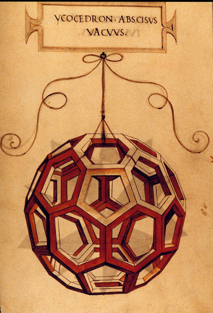 Geometria: "An Icosahedron" Página retirada do manuscrito "De divina proportione" (Sobre proporções divinas) do matemático Fra Luca Pacioli dit Luca di Borgo (1445-1517) ilustrado por Leonardo da Vinci (1452-1519).1509. de Leonardo da Vinci